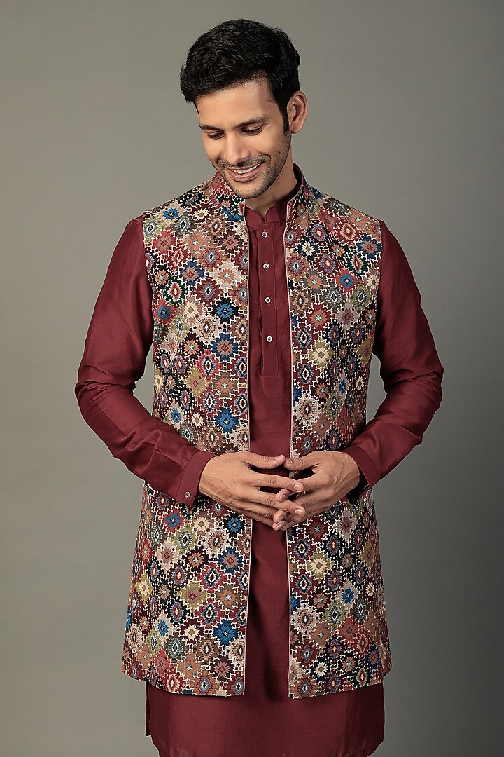 Multi-Colored Chinon Printed Wedding Indowestern Set by SALIL BHATIA at Pernia's Pop Up Shop