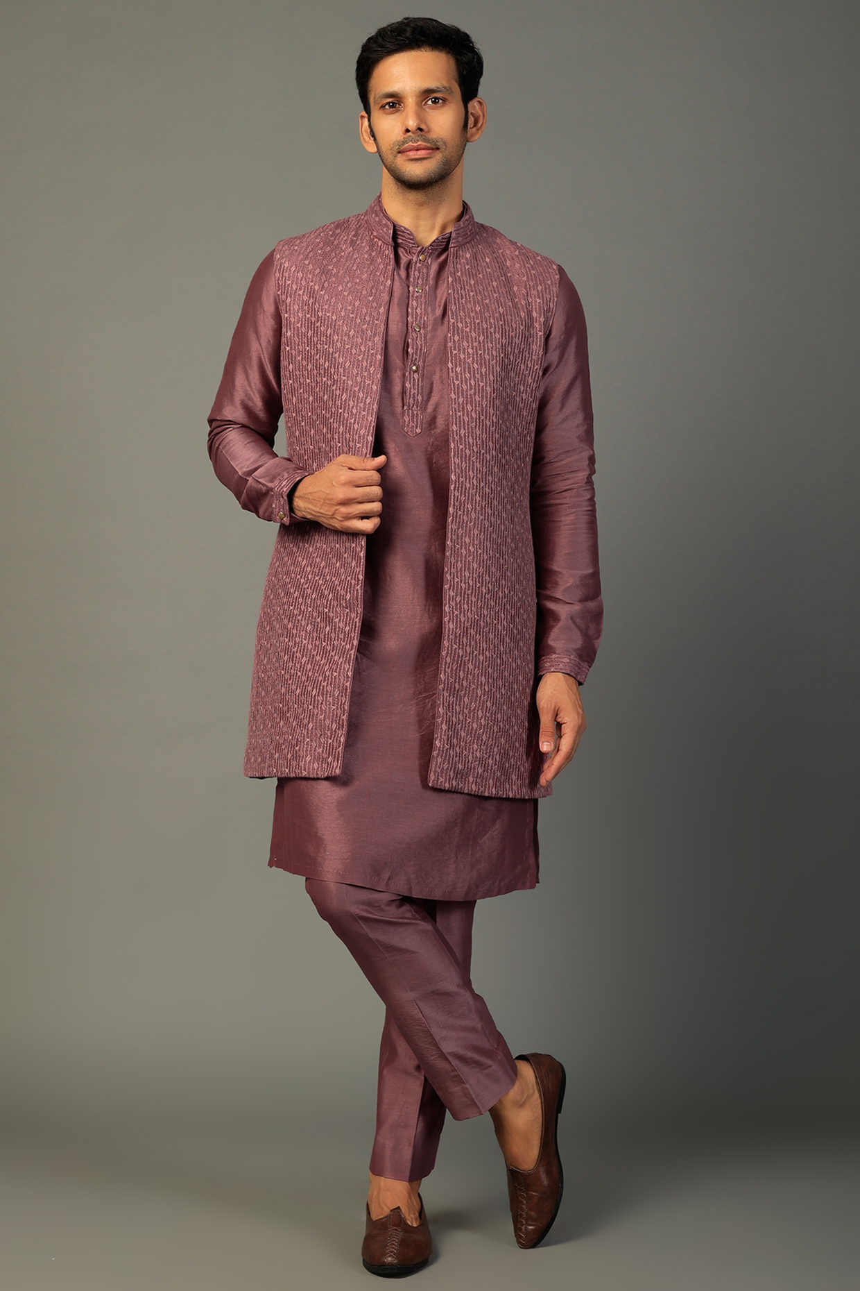 Sheer Chai Dola Silk Jacket With Kurta Set by SALIL BHATIA