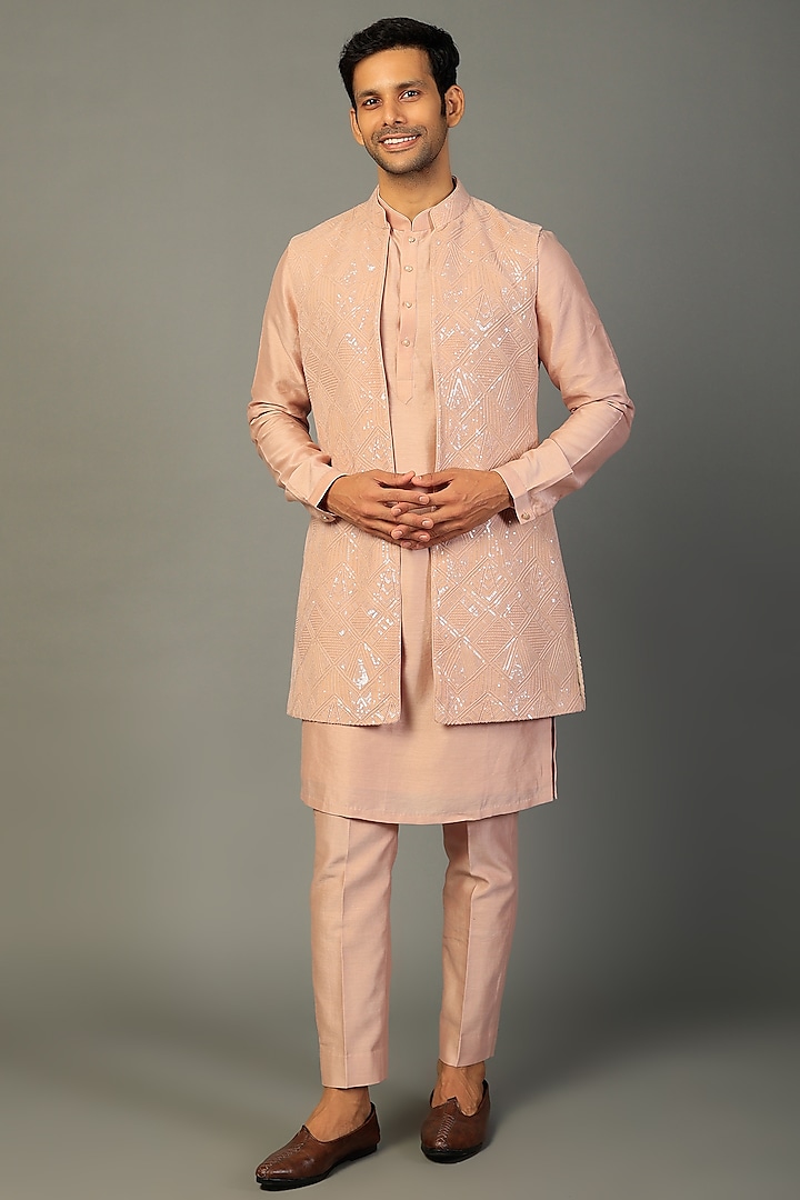 Dusty Rose Embellished Jacket With Kurta Set by SALIL BHATIA