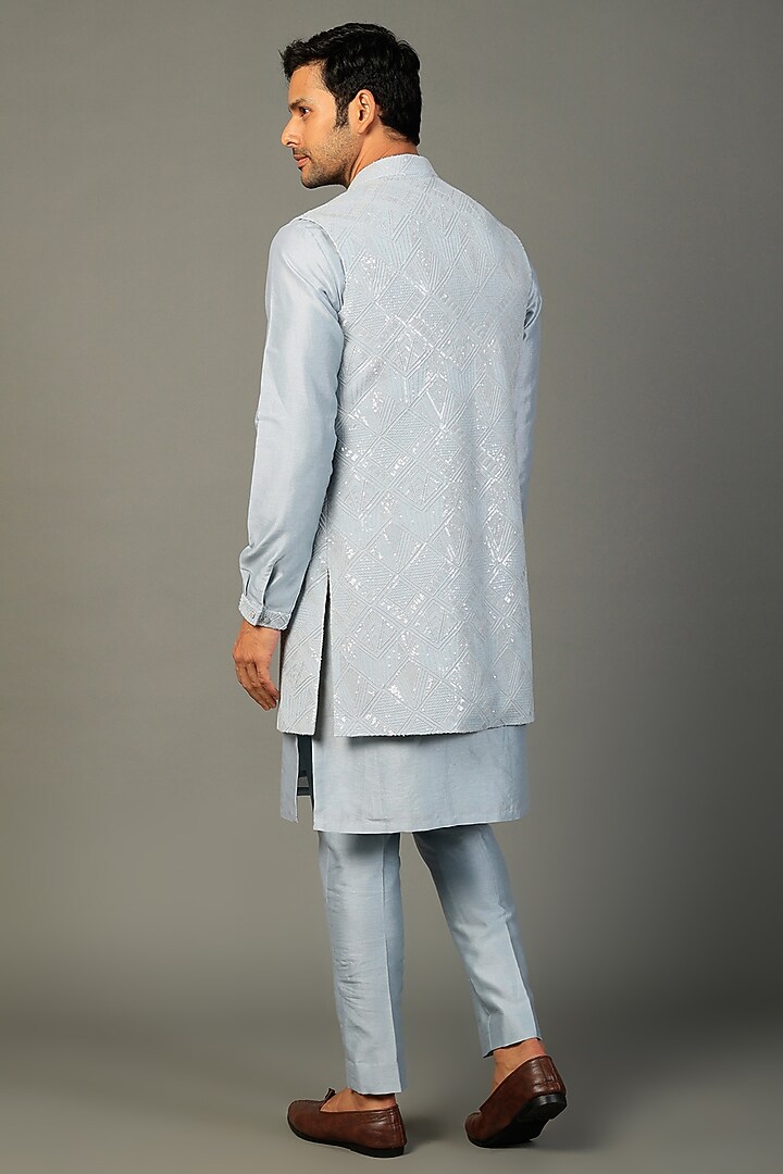 Ice Blue Embellished Jacket With Kurta Set by SALIL BHATIA at Pernia's Pop Up Shop