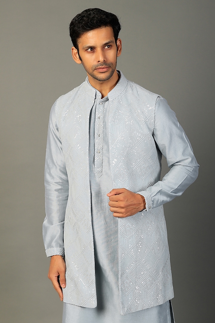 Ice Blue Embellished Jacket With Kurta Set by SALIL BHATIA at Pernia's Pop Up Shop