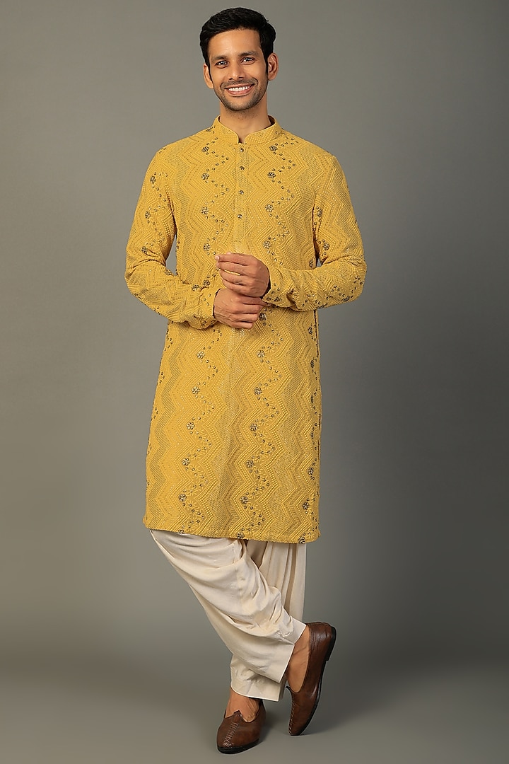 Pastel Yellow Embellished Kurta Set by SALIL BHATIA