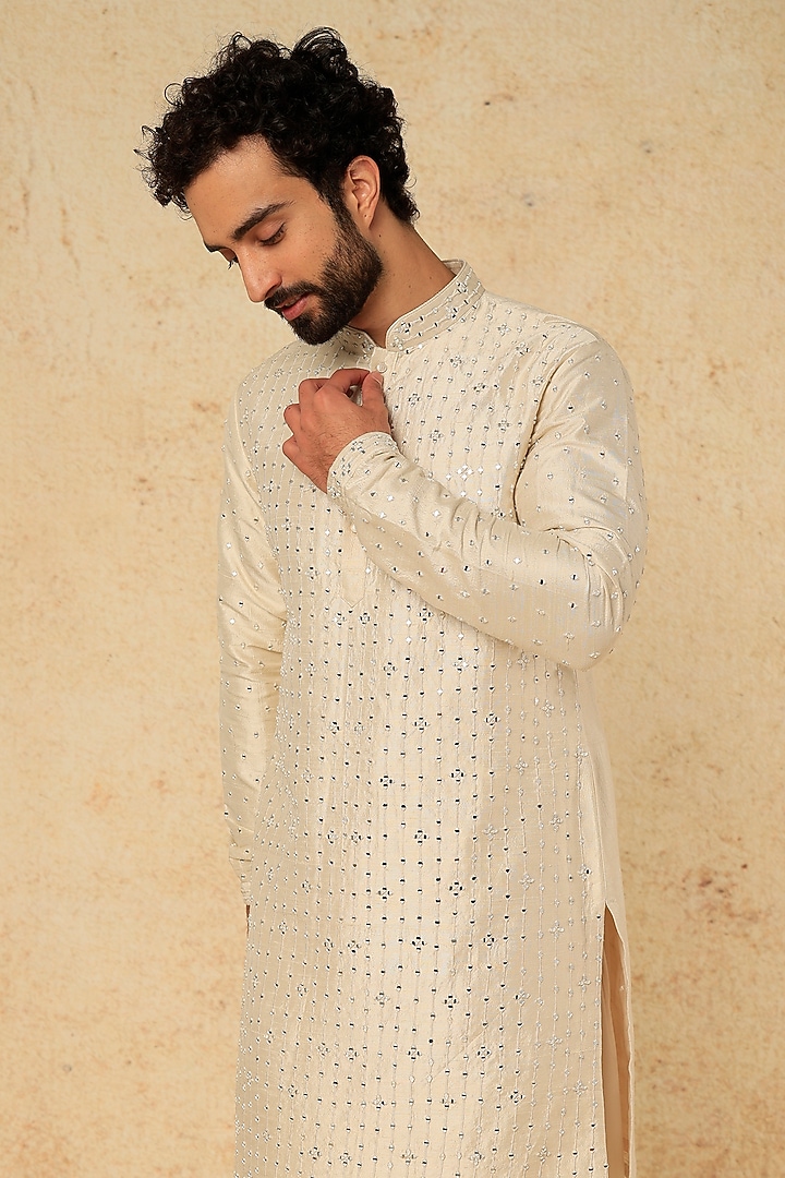 Ivory Raw Silk Mirror Embroidered Kurta Set by SALIL BHATIA at Pernia's Pop Up Shop