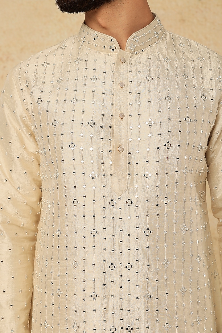 Ivory Raw Silk Mirror Embroidered Kurta Set by SALIL BHATIA at Pernia's Pop Up Shop