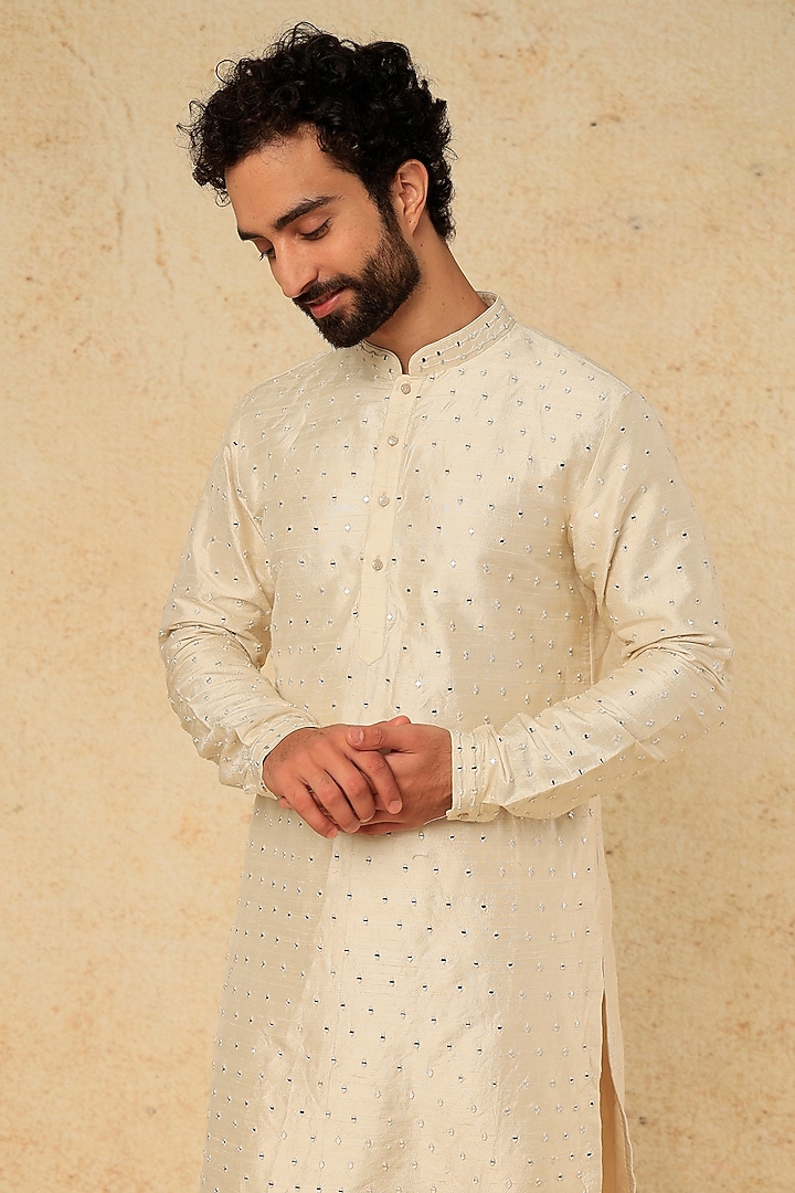 Ivory Raw Silk Mirror Embroidered Kurta Set by SALIL BHATIA at Pernia's Pop Up Shop