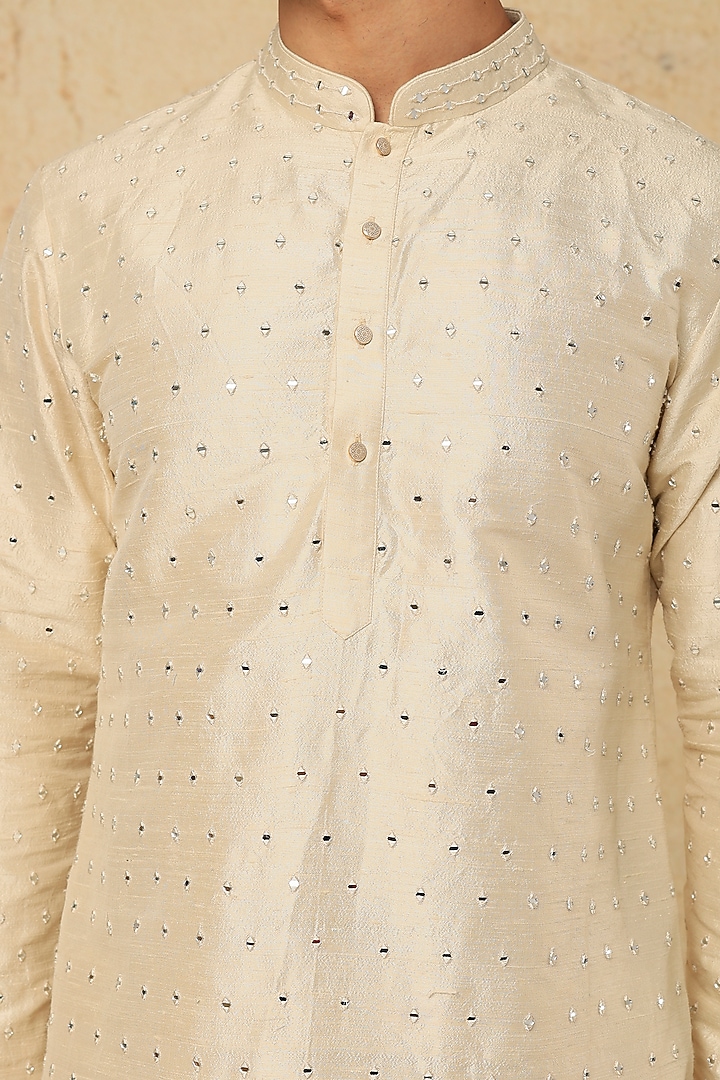 Ivory Raw Silk Mirror Embroidered Kurta Set by SALIL BHATIA at Pernia's Pop Up Shop