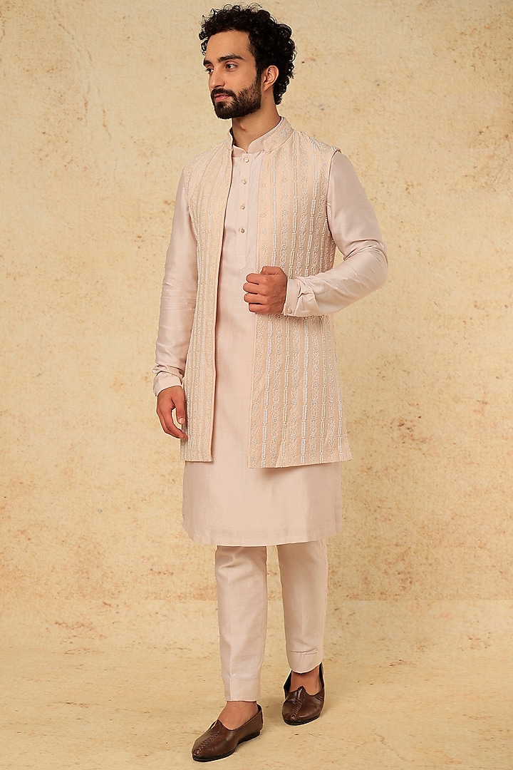 Pearl and Thread Embroidered Rose Quartz Jacket With Kurta Set by SALIL BHATIA