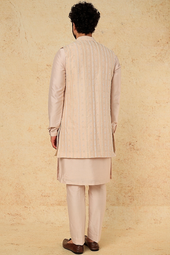 Pearl and Thread Embroidered Rose Quartz Jacket With Kurta Set by SALIL BHATIA at Pernia's Pop Up Shop