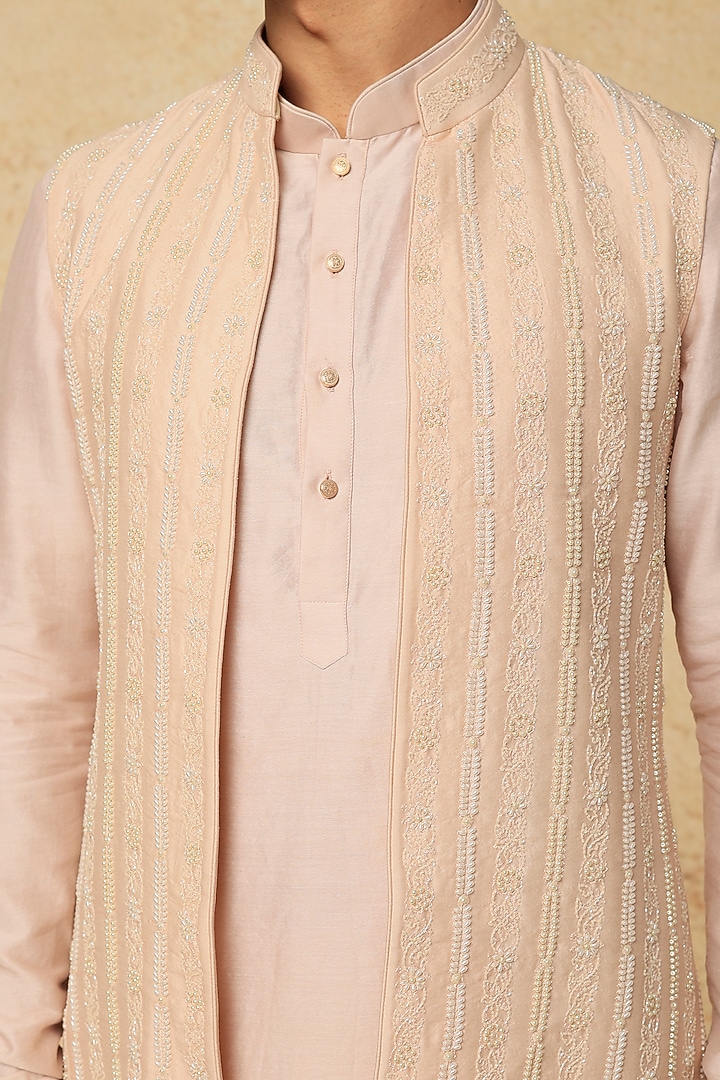 Pearl and Thread Embroidered Rose Quartz Jacket With Kurta Set by SALIL BHATIA at Pernia's Pop Up Shop