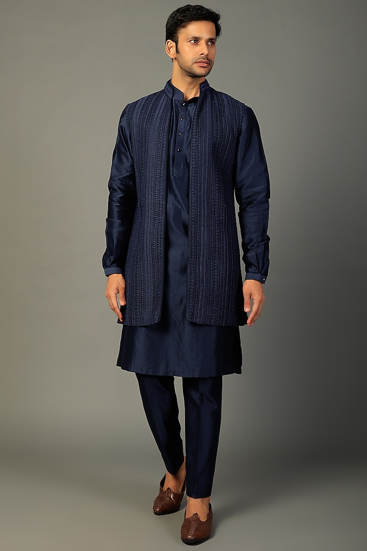 Navy Blue Georgette Jacket With Kurta Set by SALIL BHATIA