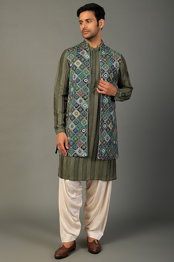 Multi-Colored Printed Jacket With Kurta Set by SALIL BHATIA