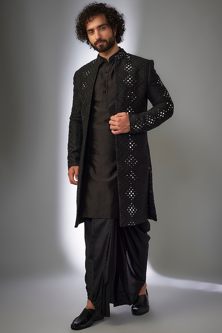 Black Dola Silk Mirror Embroidered Indo-Western Set by SALIL BHATIA at Pernia's Pop Up Shop