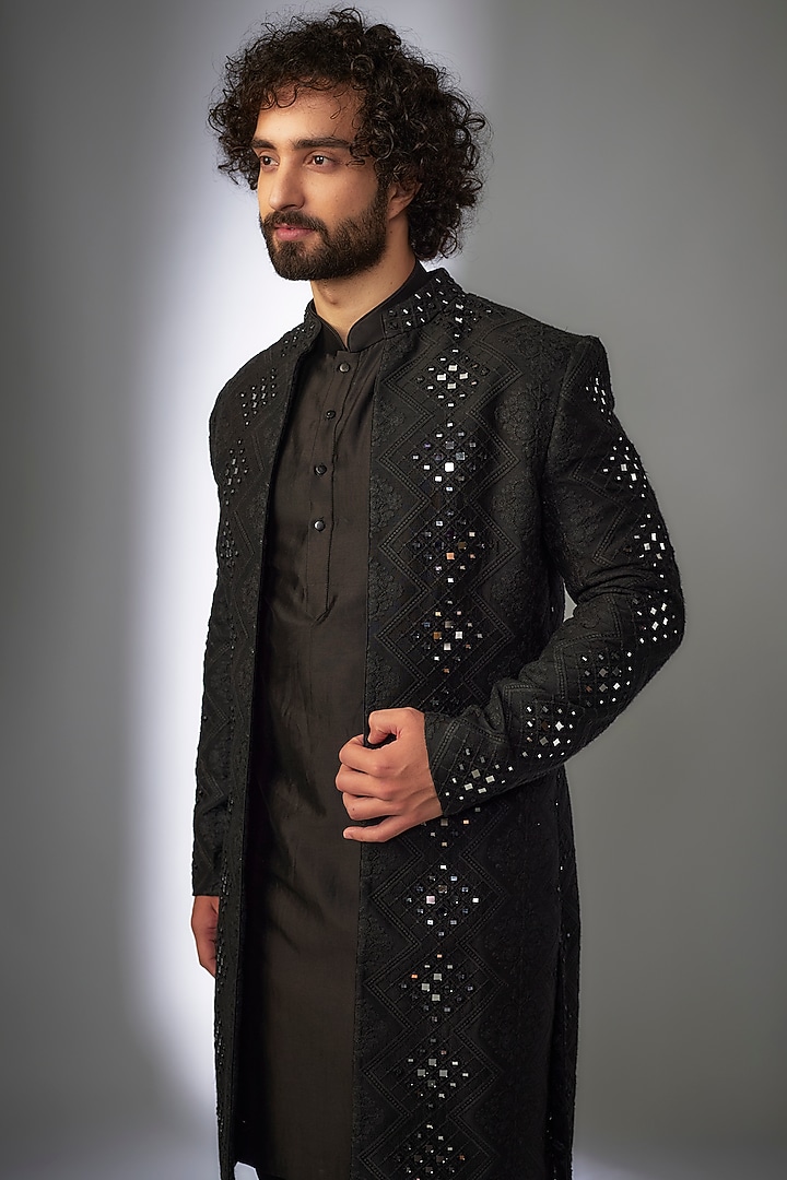 Black Dola Silk Mirror Embroidered Indo-Western Set by SALIL BHATIA at Pernia's Pop Up Shop