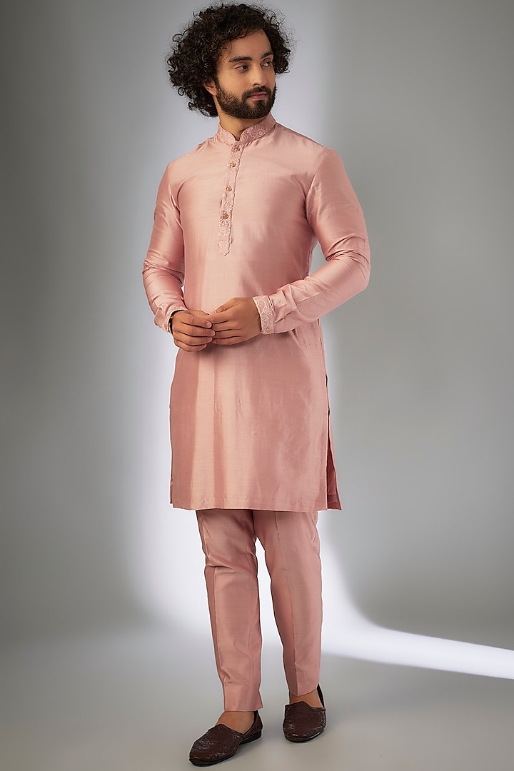 Shell Pink Chanderi Embellished Kurta Set by SALIL BHATIA