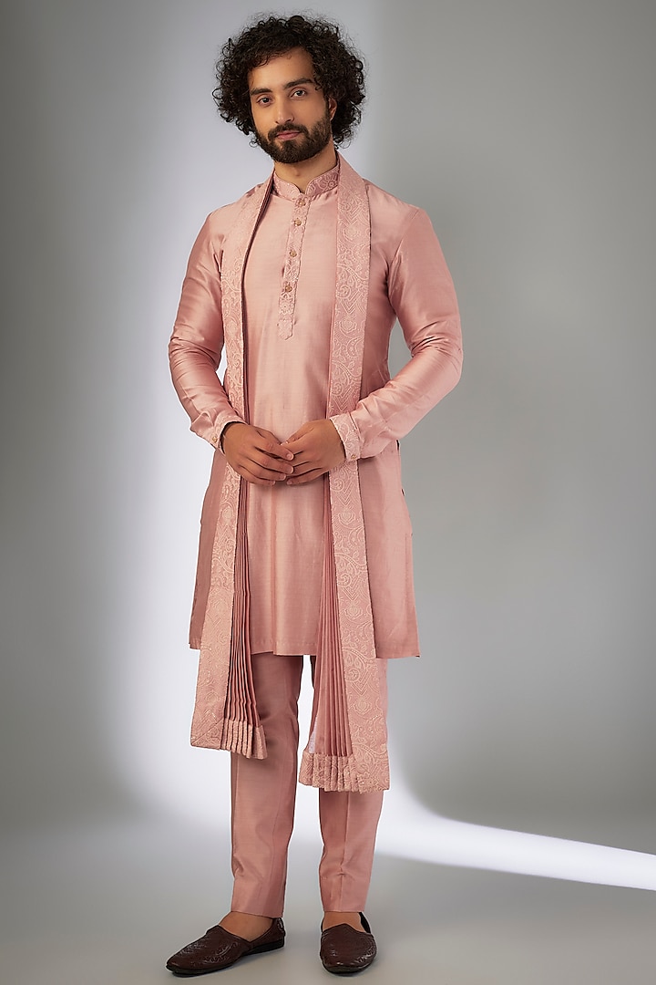 Shell Pink Chanderi Embellished Kurta Set by SALIL BHATIA