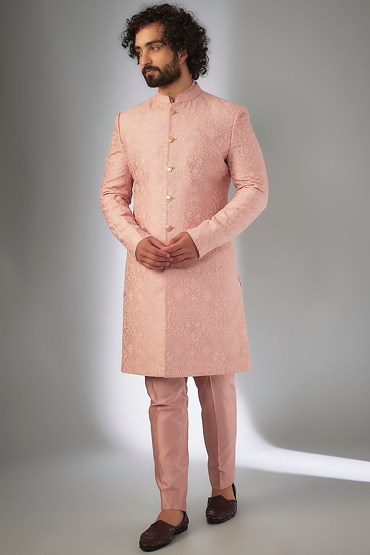 Shell Pink Silk Chanderi Thread Embroidered Sherwani Set by SALIL BHATIA