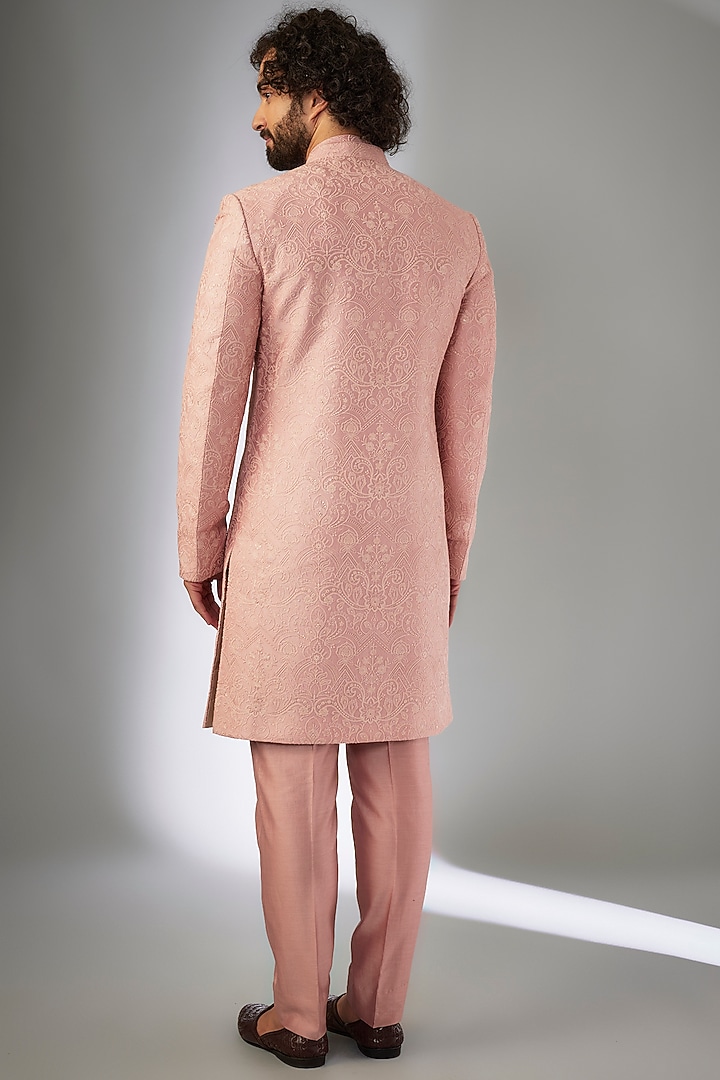 Shell Pink Silk Chanderi Thread Embroidered Groom Sherwani Set by SALIL BHATIA at Pernia's Pop Up Shop