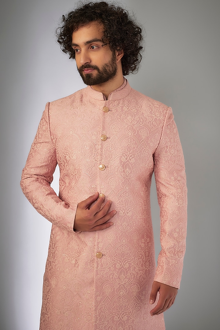 Shell Pink Silk Chanderi Thread Embroidered Groom Sherwani Set by SALIL BHATIA at Pernia's Pop Up Shop