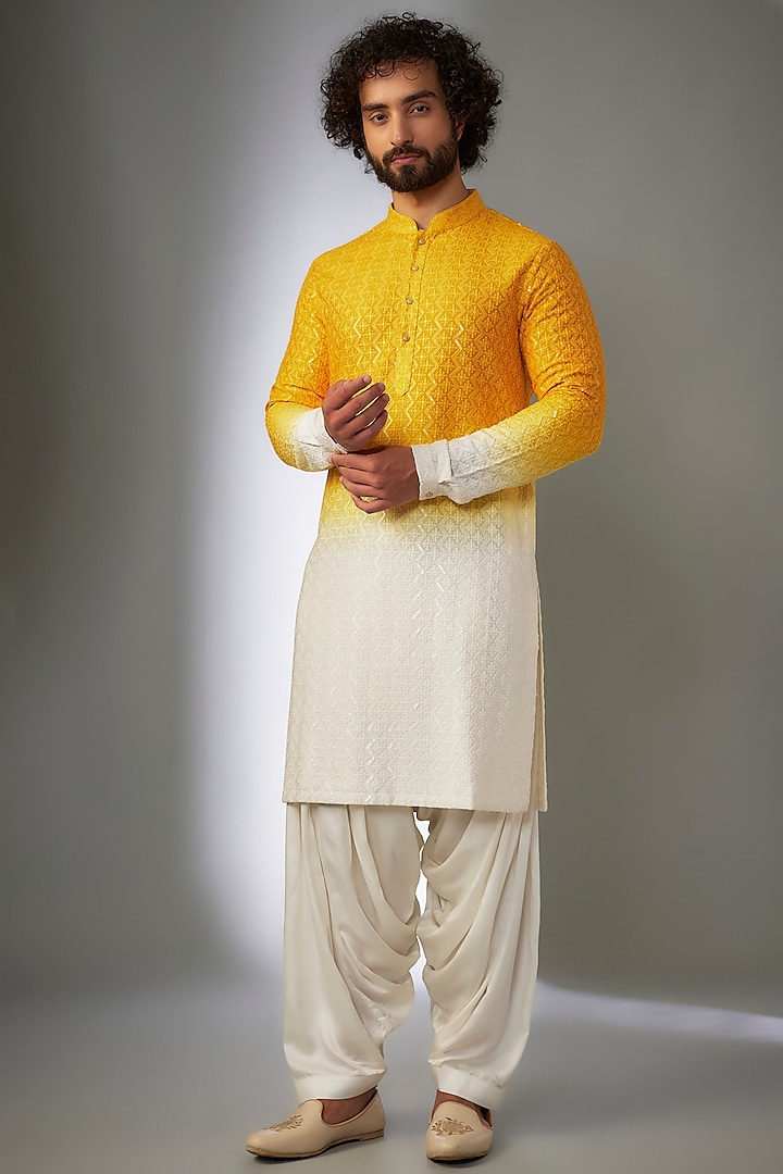 Yellow Ombre Dola Silk Thread Embroidered Kurta Set by SALIL BHATIA