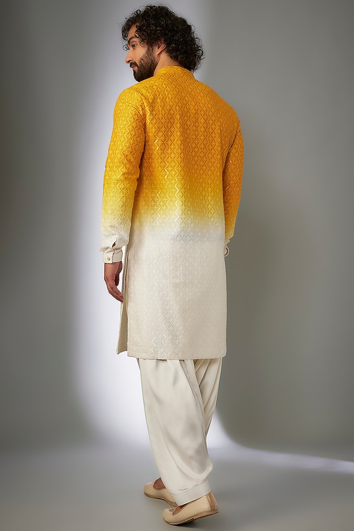 Yellow Ombre Dola Silk Thread Embroidered Kurta Set by SALIL BHATIA at Pernia's Pop Up Shop