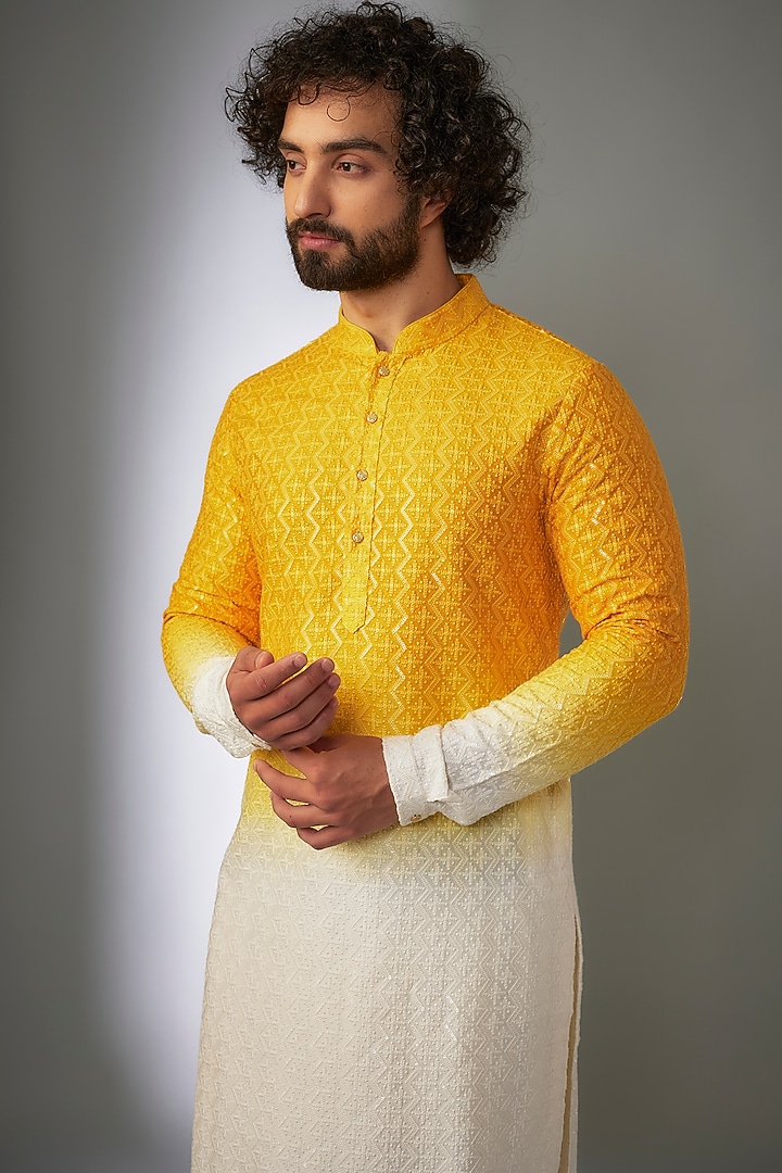 Yellow Ombre Dola Silk Thread Embroidered Kurta Set by SALIL BHATIA at Pernia's Pop Up Shop
