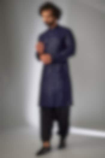 Navy Blue Dola Silk Thread Embellished Kurta Set by SALIL BHATIA