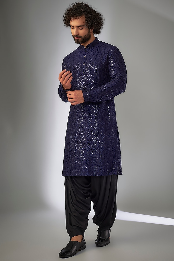 Navy Blue Dola Silk Thread Embellished Kurta Set by SALIL BHATIA