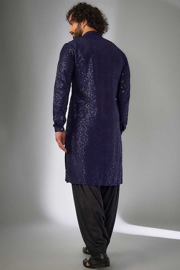 Navy Blue Dola Silk Thread Embellished Kurta Set by SALIL BHATIA at Pernia's Pop Up Shop