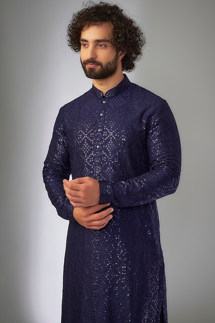 Navy Blue Dola Silk Thread Embellished Kurta Set by SALIL BHATIA at Pernia's Pop Up Shop