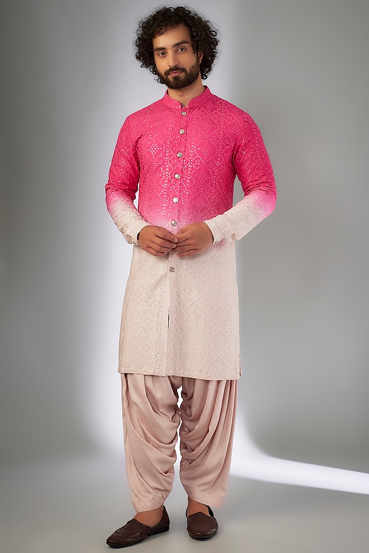 Pink Ombre Dola Silk Thread Embroidered Kurta Set by SALIL BHATIA at Pernia's Pop Up Shop