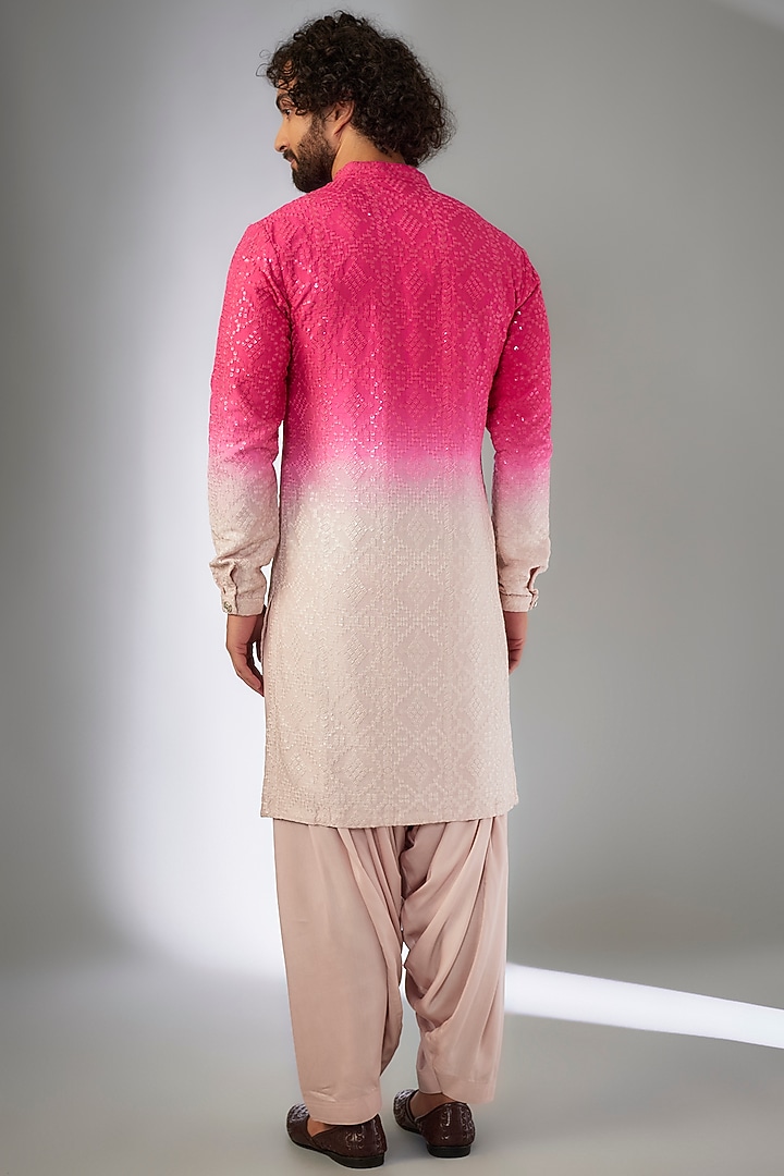 Pink Ombre Dola Silk Thread Embroidered Kurta Set by SALIL BHATIA at Pernia's Pop Up Shop