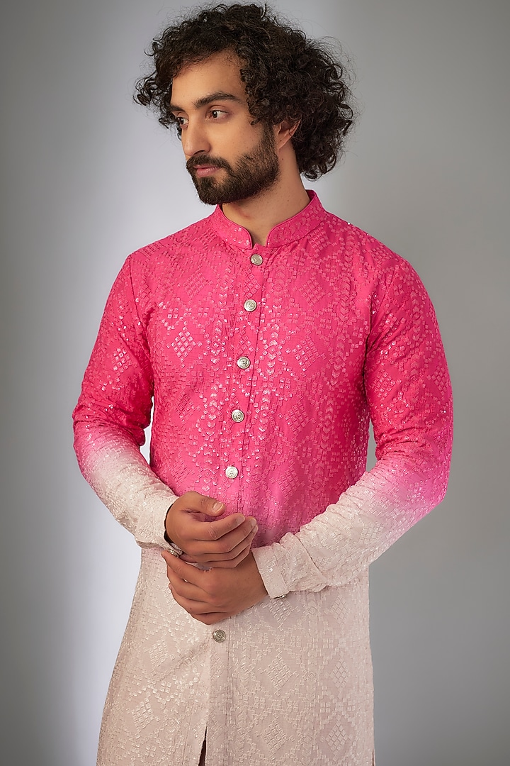 Pink Ombre Dola Silk Thread Embroidered Kurta Set by SALIL BHATIA at Pernia's Pop Up Shop
