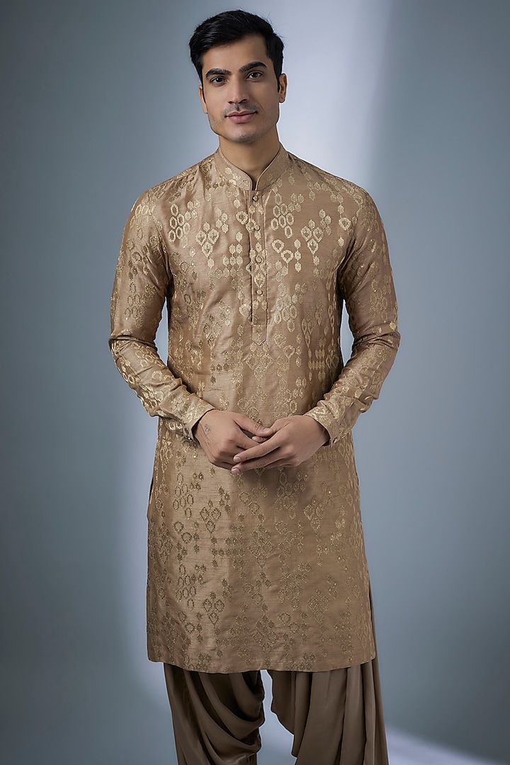 Antique Gold Dola Silk Sequins Embellished Kurta Set by SALIL BHATIA at Pernia's Pop Up Shop