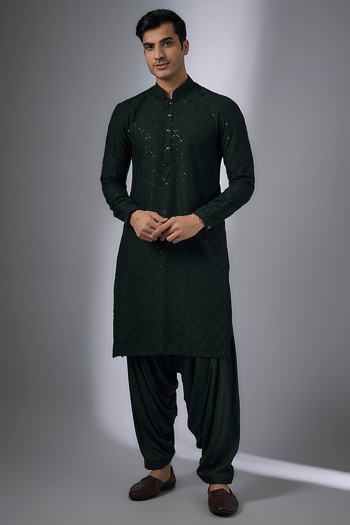 Dark Green Dola Silk Sequins Embellished Kurta Set by SALIL BHATIA at Pernia's Pop Up Shop