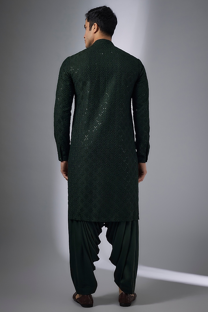 Dark Green Dola Silk Sequins Embellished Kurta Set by SALIL BHATIA at Pernia's Pop Up Shop