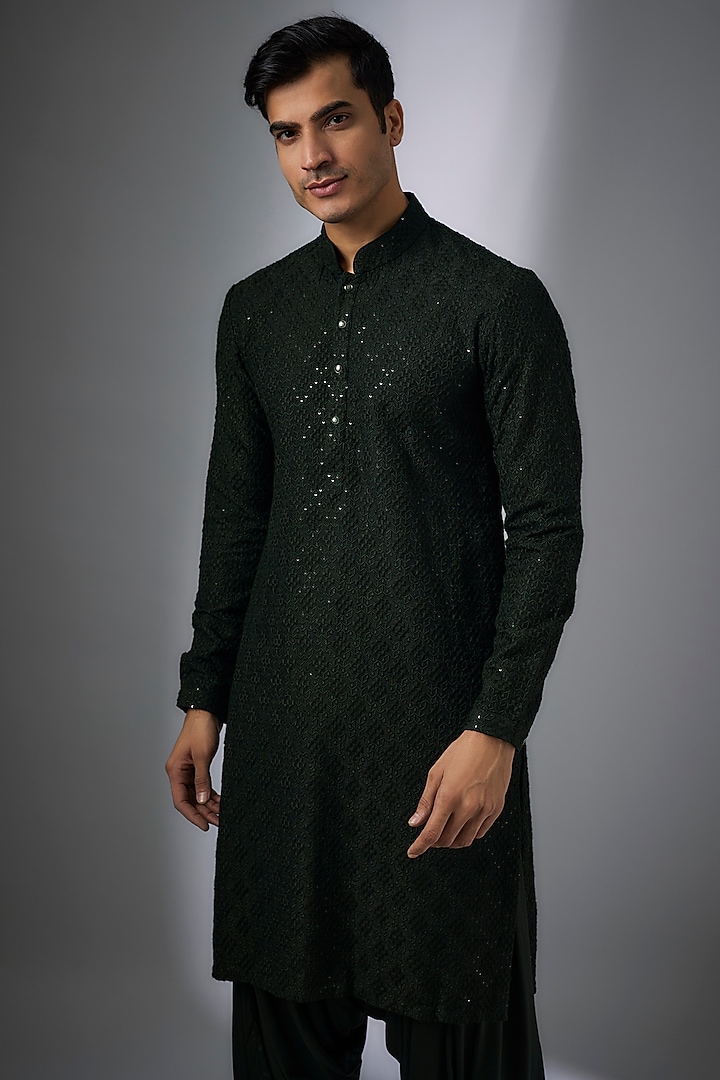 Dark Green Dola Silk Sequins Embellished Kurta Set by SALIL BHATIA at Pernia's Pop Up Shop