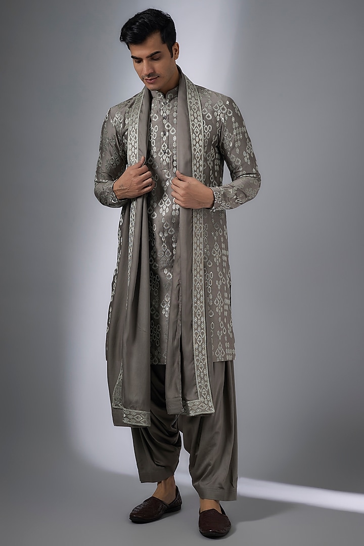 Taupe Silk Chanderi Sequins Embellished Kurta Set by SALIL BHATIA at Pernia's Pop Up Shop