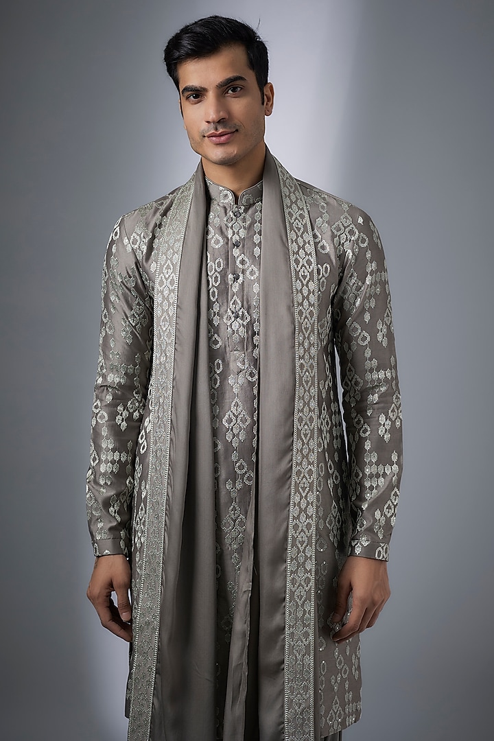 Taupe Silk Chanderi Sequins Embellished Kurta Set by SALIL BHATIA at Pernia's Pop Up Shop