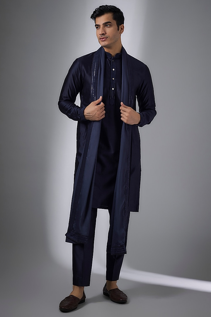 Navy Blue Silk Chanderi Sequins Embellished Kurta Set by SALIL BHATIA at Pernia's Pop Up Shop