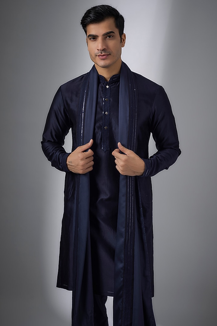 Navy Blue Silk Chanderi Sequins Embellished Kurta Set by SALIL BHATIA at Pernia's Pop Up Shop