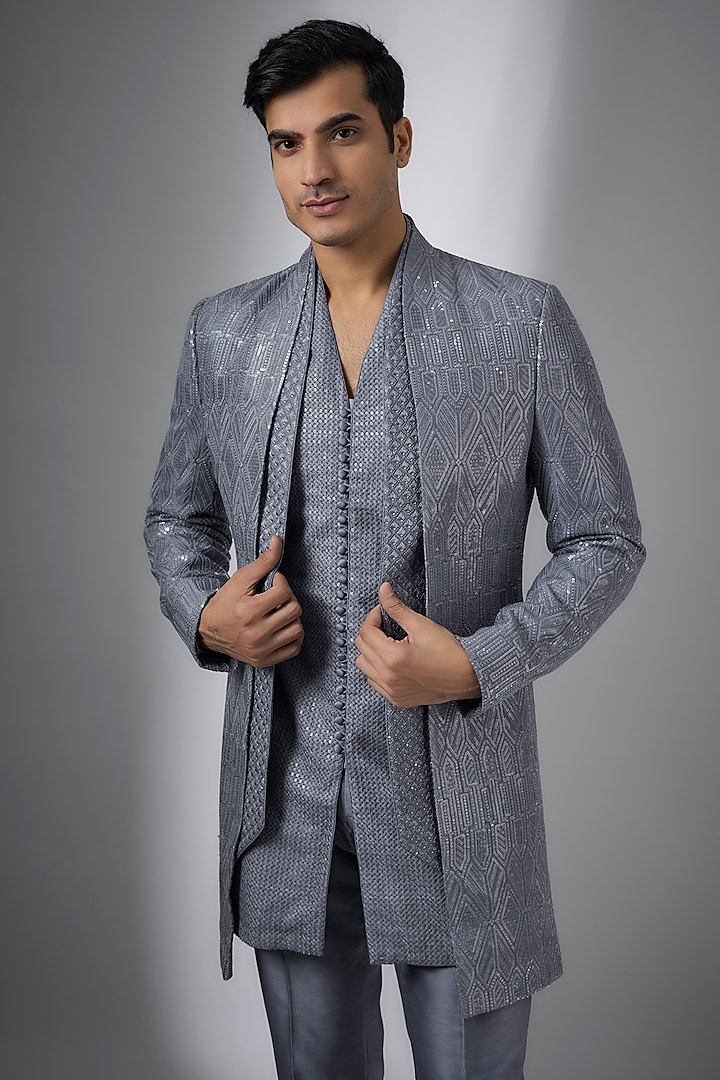 Bluish-Grey Dola Silk Sequins Embellished Indo-Western Set by SALIL BHATIA at Pernia's Pop Up Shop