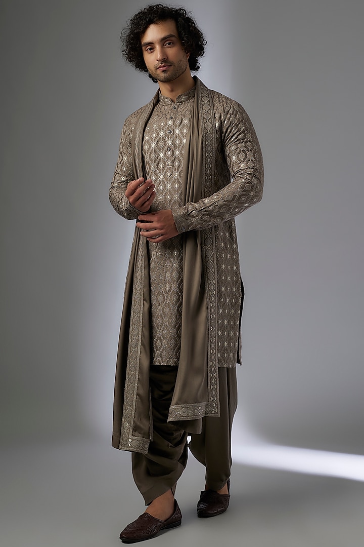 Taupe Dola Silk Zari & Sequins Embellished Kurta Set by SALIL BHATIA