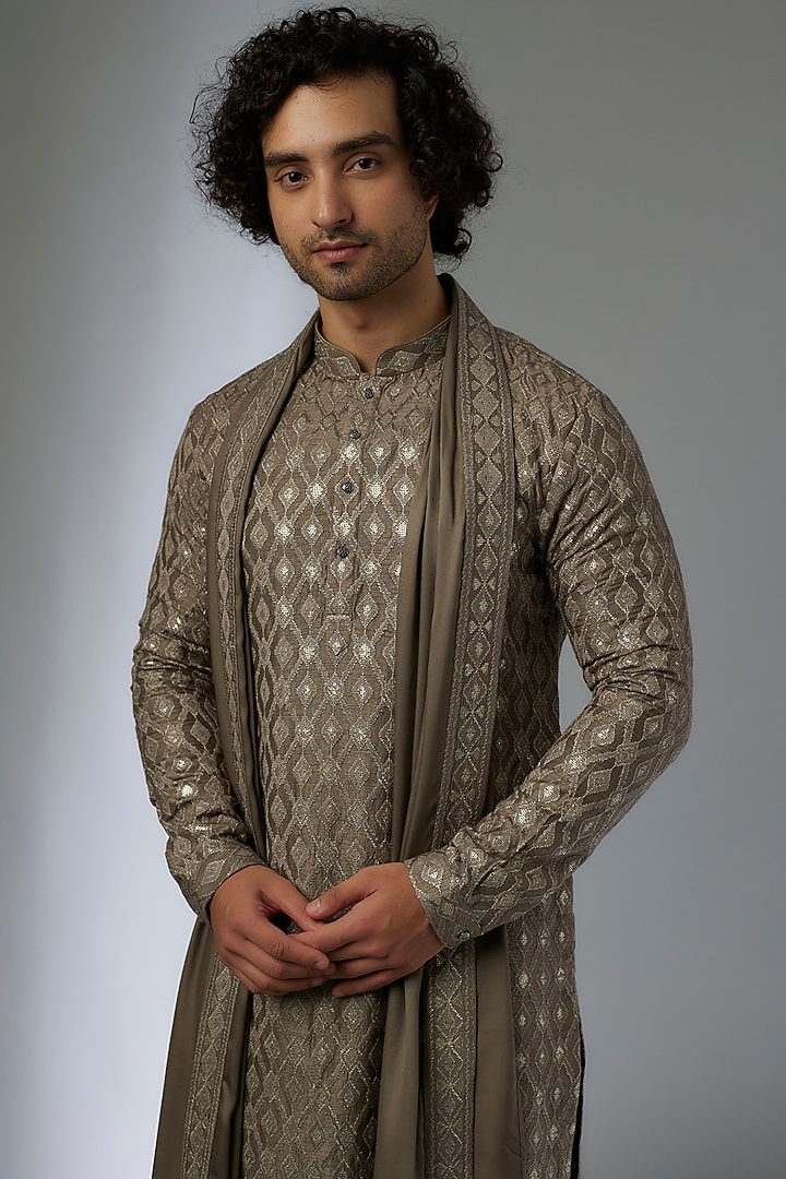 Taupe Dola Silk Zari & Sequins Embellished Kurta Set by SALIL BHATIA at Pernia's Pop Up Shop