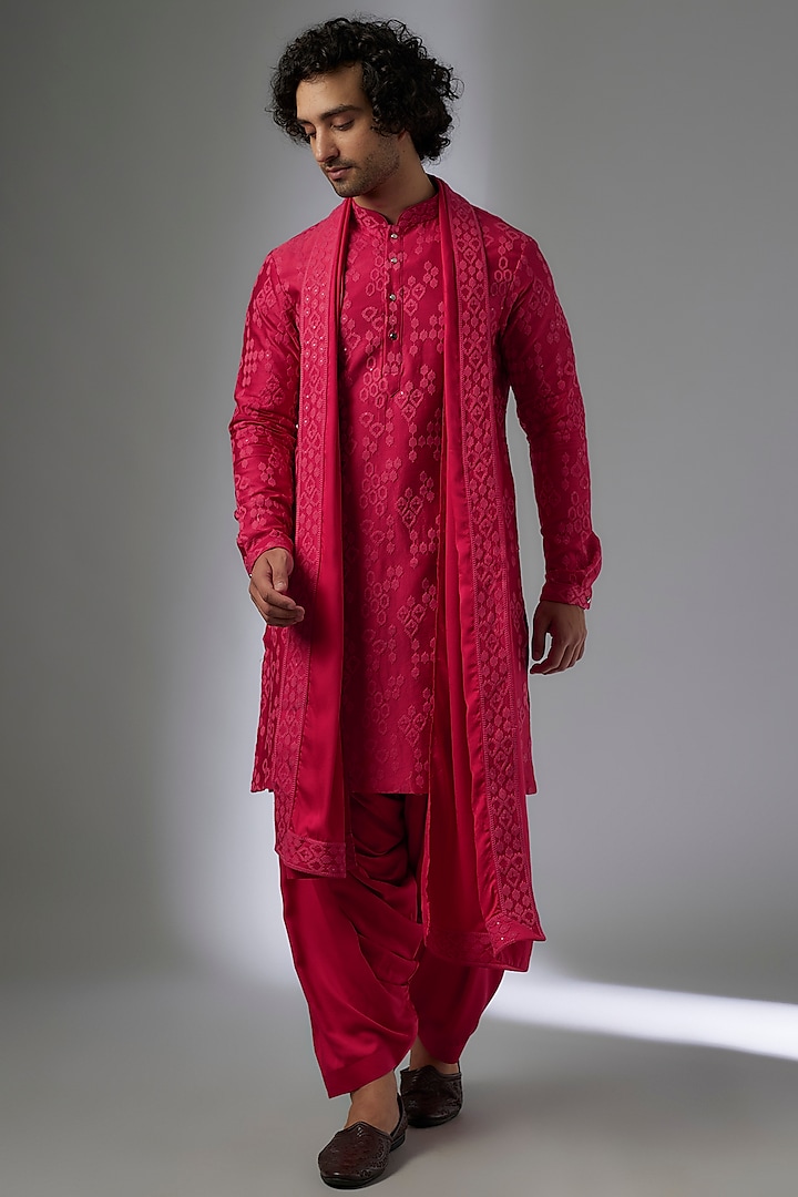 Raspberry Dola Silk Thread & Sequins Embellished Kurta Set by SALIL BHATIA