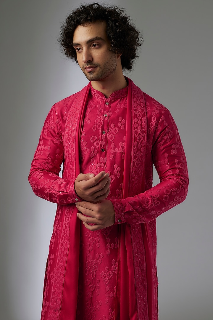 Raspberry Dola Silk Thread & Sequins Embellished Kurta Set by SALIL BHATIA at Pernia's Pop Up Shop