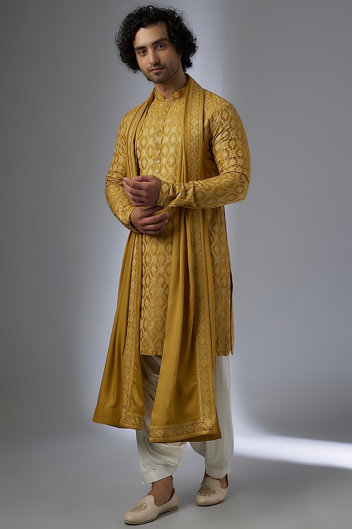 Mustard Yellow Dola Silk Zari & Sequins Embellished Kurta Set by SALIL BHATIA