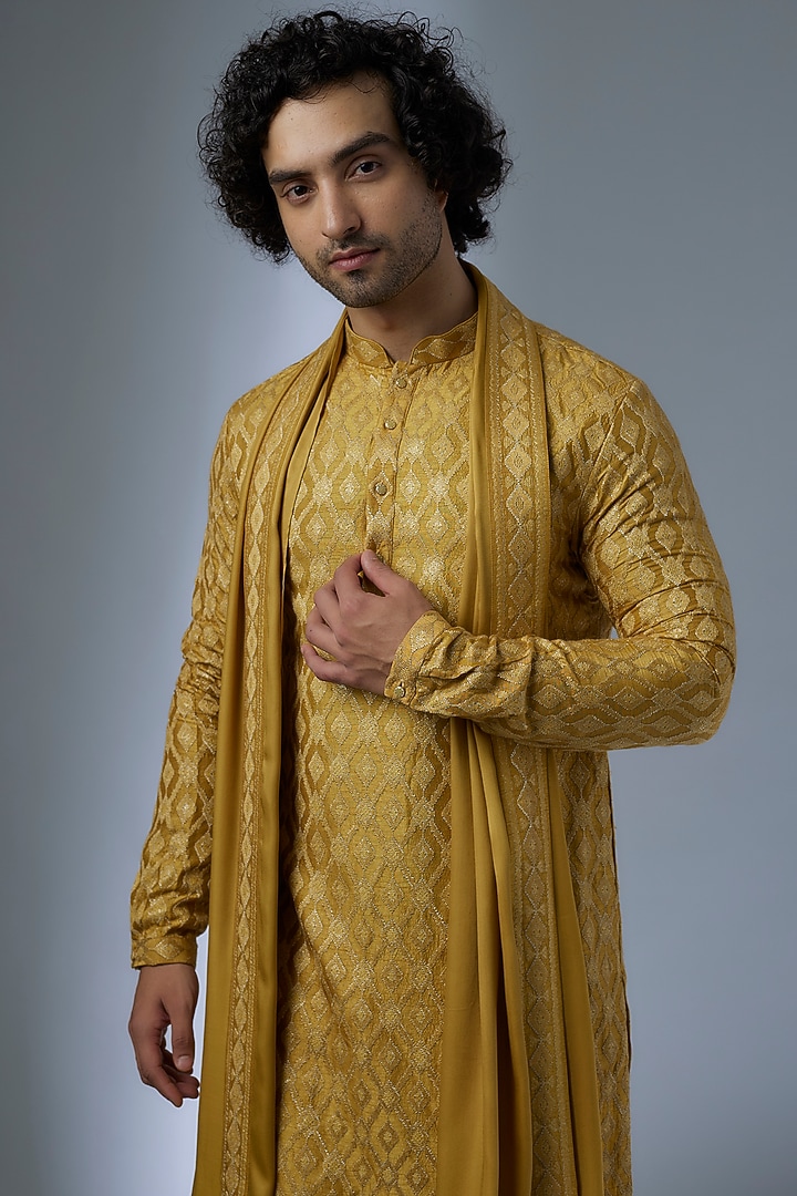 Mustard Yellow Dola Silk Zari & Sequins Embellished Kurta Set by SALIL BHATIA at Pernia's Pop Up Shop