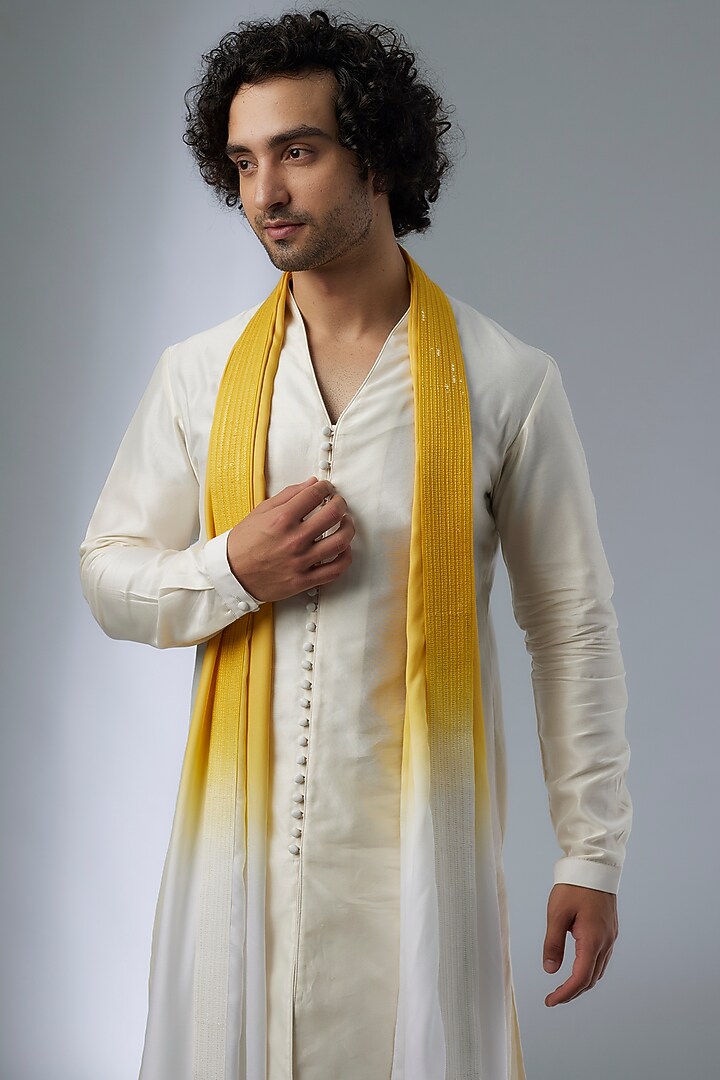 Ivory Silk Chanderi Button-Down Kurta Set by SALIL BHATIA at Pernia's Pop Up Shop