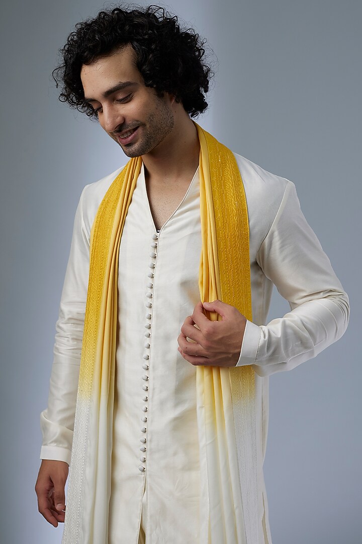 Ivory Silk Chanderi Button-Down Kurta Set by SALIL BHATIA at Pernia's Pop Up Shop