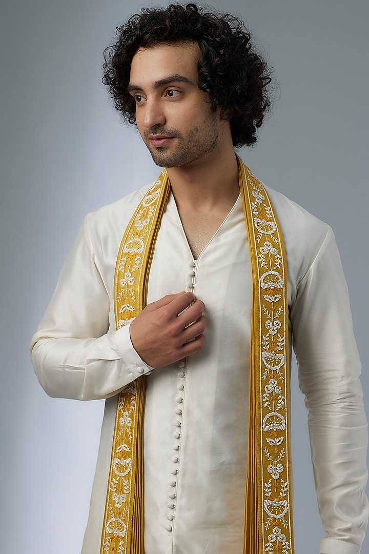 Ivory Silk Chanderi Button-Down Kurta Set by SALIL BHATIA at Pernia's Pop Up Shop
